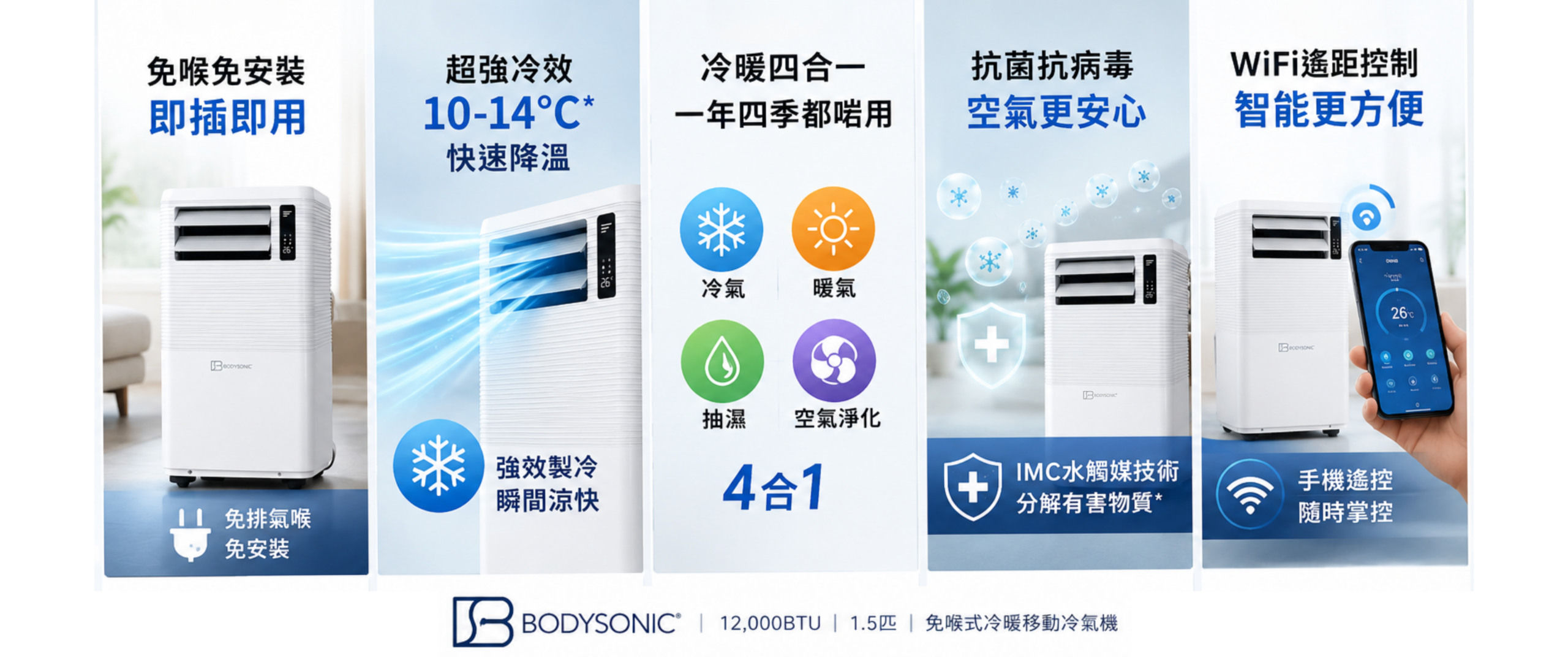 Bodysonic 先力 1.5匹免喉式冷暖Wi-Fi移動冷氣機 (WK-AC-CPDH12-WH)