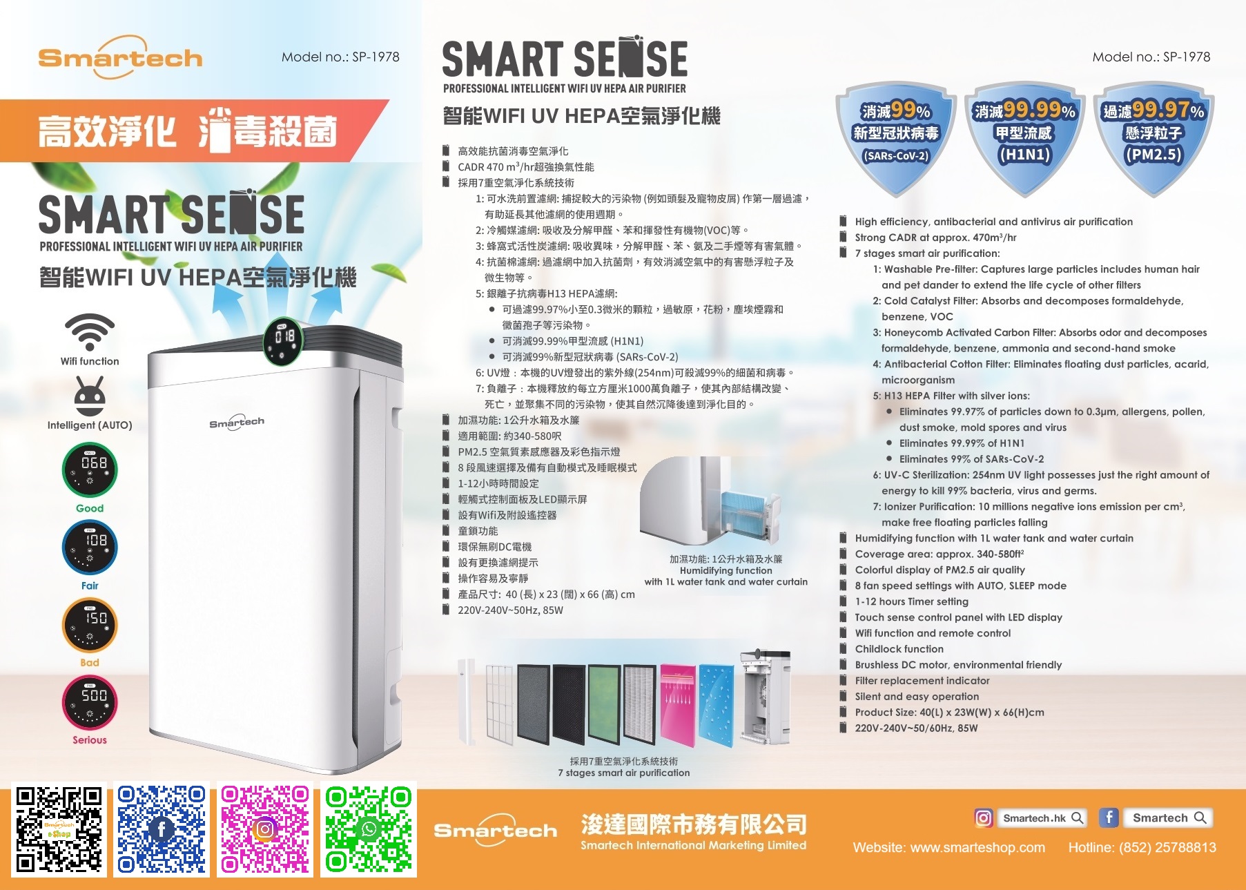 Smartech "Smart Sense" 智能 Wifi UV HEPA 空氣淨化機 (SP-1978)